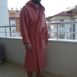 4 Layer Muslin Bathrobe, Turkish Cotton Terry Men&#39;s Bathrobe, Hooded Cotton Terry Cloth Robe, Long Textured