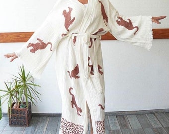 4 Layer muslin leopar patterned kimono robe, Lightweight dressing gown, Cotton kimono, Bathrobe for her, Bridesmaids robe, Ladies robe