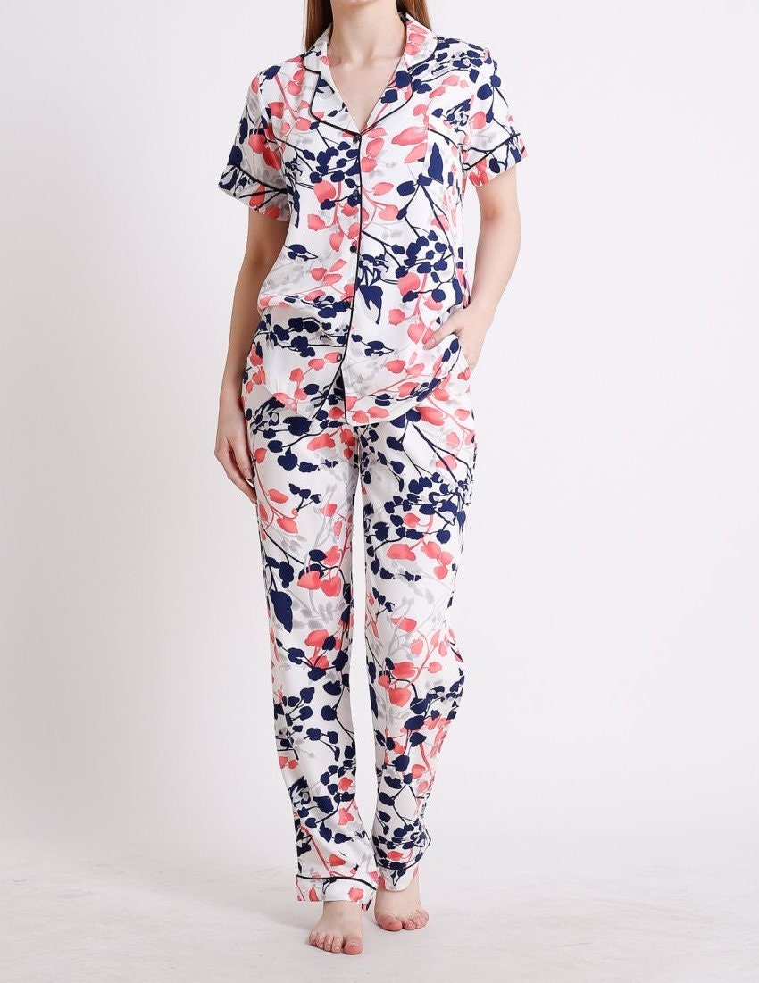 Floral Cotton Satin fabric classic pajama set for women 100 Etsy
