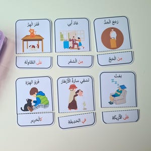May include: Educational flashcards with Arabic text and illustrations. The cards are in a clear plastic container. The cards depict various scenes, including a cat on a table, a person returning from a trip, and a person sleeping.
