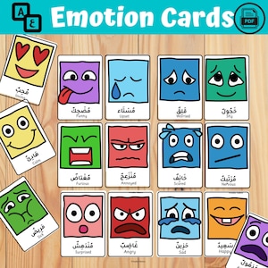 Tarjetas de emociones árabes, Tarjetas didácticas de sentimientos árabes, Tarjetas didácticas bilingües en árabe e inglés, plan de estudios preescolar بطاقات المشاعر