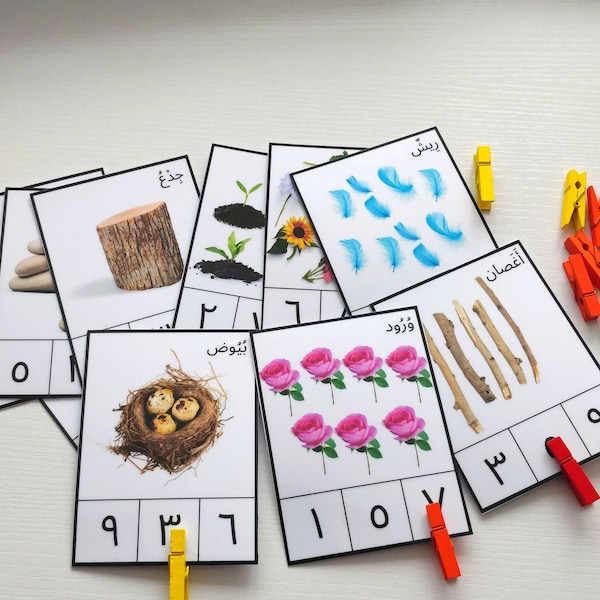 Arabic Numbers Count and Clip Cards 1-10 | Printable Montessori Number Work Spring illustrations