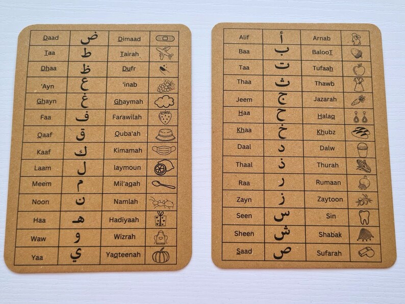 May include: Two rectangular flashcards with Arabic letters and corresponding words and illustrations. The cards are brown with black text and images. One card has the letters from Daad to Yaa, and the other has letters from Alif to Saad.
