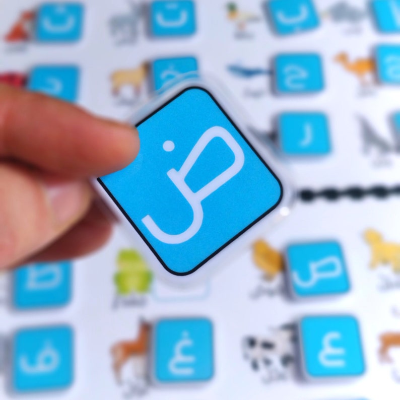 May include: A hand holding a square, light blue tile with a white Arabic letter. Other tiles with Arabic letters and animal illustrations are in the background. The tiles appear to be part of an educational game or learning tool.