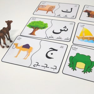 Rompecabezas del alfabeto árabe: 28 letras y un juego de combinación de imágenes. Formas de letras árabes. Actividad divertida. Aprendizaje práctico para niños en edad preescolar. Archivo digital
