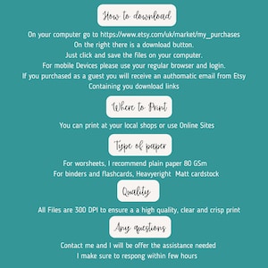 May include: A teal background with white text providing instructions on how to download files from Etsy. The text includes steps for computer and mobile users, printing recommendations, and quality information. It also offers contact information for assistance.