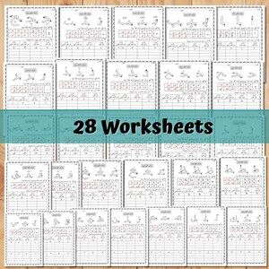 May include: A set of 28 Arabic alphabet worksheets for learning the Arabic alphabet. Each worksheet features a different letter of the alphabet with practice exercises for writing the letter.