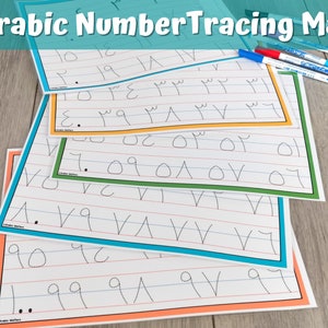 Arabische cijfers Tracing Matten, leeractiviteit, nummerherkenning 0-100, Arabisch vroeg leren, Dry Erase Tracing Sheet-kaarten, DIGITAAL BESTAND