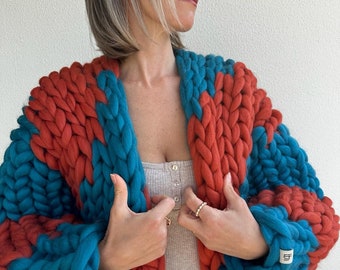 Hand Knit Chunky Merino Wool Cardigan, Colorful Knitwear