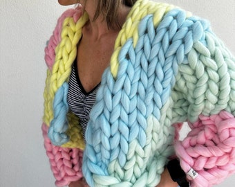 Cardigan, Chunky Cardigan, Wool Cardigan, Knit Chunky Cardigan, Hand Knit Cardigan, Colorful