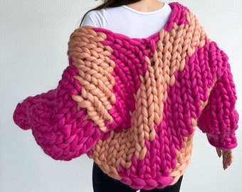 Hand Knit Chunky Merino Wool Cardigan, Oversized Fit