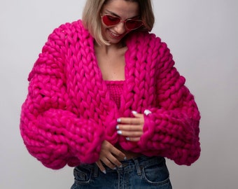 Hand Knit Merino Wool Chunky Cardigan, Fuchsia Pink