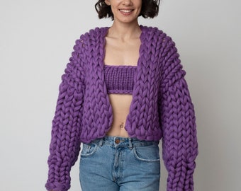 Hand Knit Chunky Merino Wool Cardigan, Colorful Lilac Purple