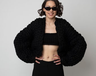 Hand Knit Chunky Merino Wool Cardigan, Black Oversized Knit