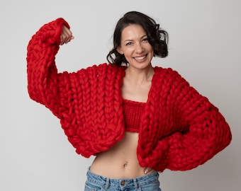 Hand Knit Red Merino Wool Chunky Cardigan
