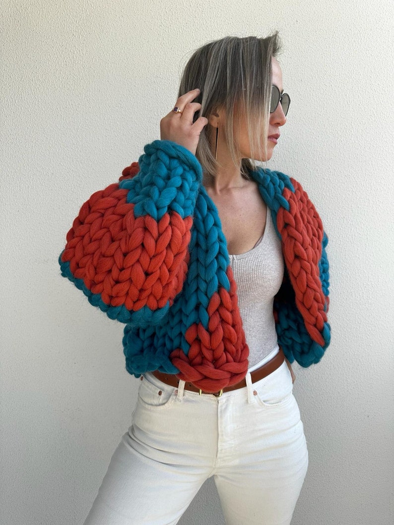 Cardigan, Chunky Cardigan, Wool Cardigan, Knit Chunky Cardigan, Hand Knit Cardigan, 100% Wool, Colorful image 2