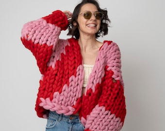 Hand Knit Chunky Merino Wool Cardigan, Colorful Oversized Knitwear