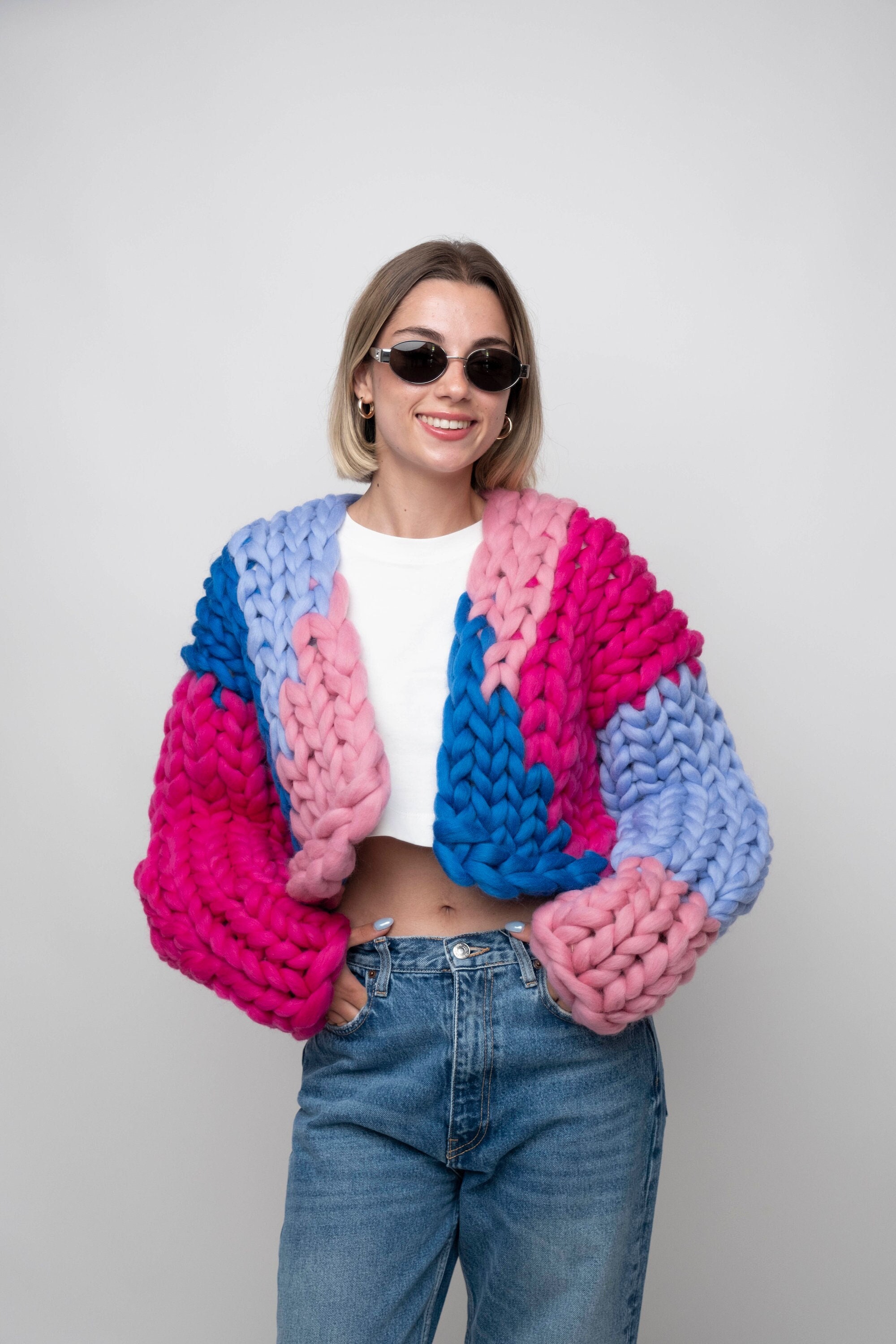 Hand Knit Chunky 100% Merino Wool Cardigan, Colorful Oversize
