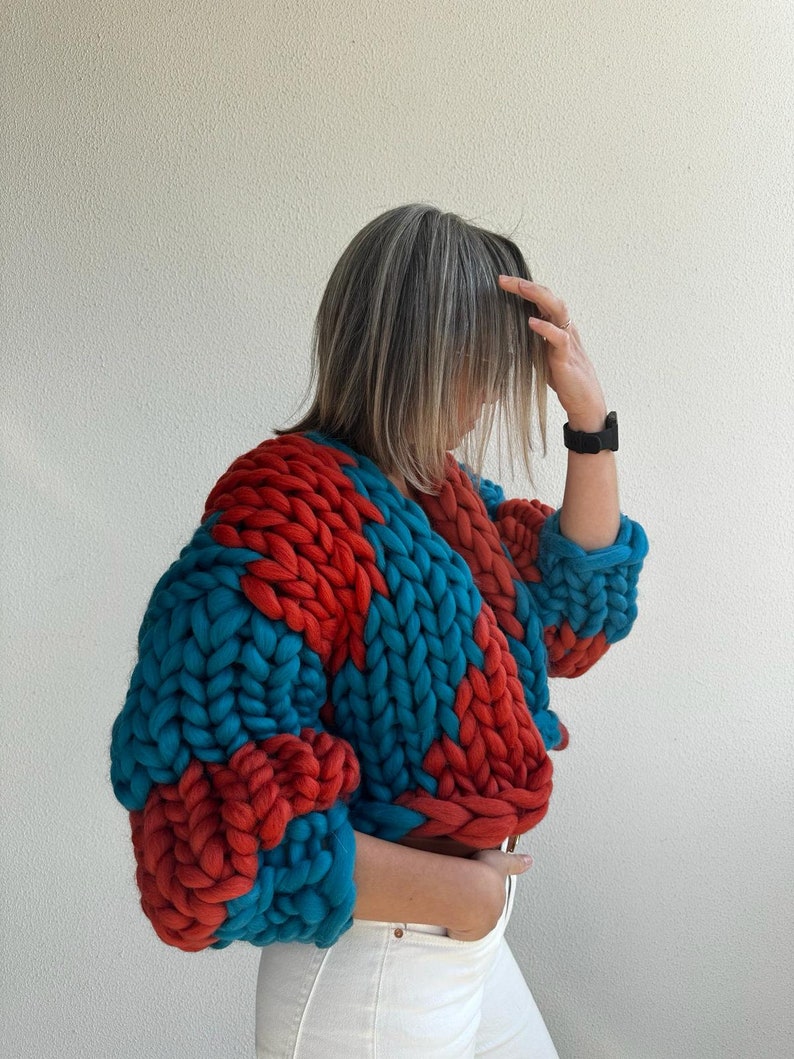 Cardigan, Chunky Cardigan, Wool Cardigan, Knit Chunky Cardigan, Hand Knit Cardigan, 100% Wool, Colorful image 5