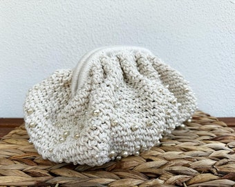 Handmade Macrame Clutch with Pearls, Voluminous Pouch Bag