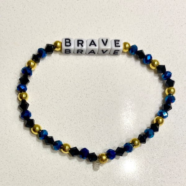 Brave Word Bracelet. Metallic blue black and gold. Beaded bracelet. Song lyric bracelet. Sara Bareilles song bracelet. Little word bracelet.