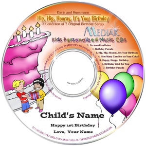 May include: A personalized children's birthday CD with a pink cake, balloons, and cartoon illustrations. The CD features the text "Hip, Hip, Hooray, It's Your Birthday" and "Kids Personalized Music CDs". Includes space for the child's name.