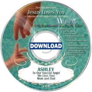 以下が含まれることがあります： 「Jesus Loves You」というタイトルと「Ashley」という名前が入ったパーソナライズされたCD。CDは「Kids Personalized Music CDs」というテキストが入ったティール色の背景が特徴です。CDには10のキリスト教の歌と詩のリストが含まれています。