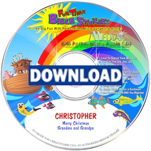May include: A children's CD with the title "Fun Time Bible Stories." The disc features a colourful design with an ark, fish, and rainbow. Text includes "Christopher," "Merry Christmas," and "Grandma and Grandpa."