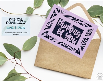 May include: A digital download of a greeting card design featuring a purple background with a black frame and the text "thinking of you" in a white script font.