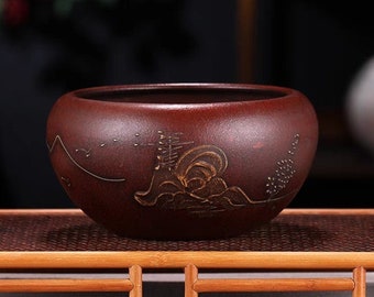 Round bowl-shaped bonsai pot retro old style handmade mud painting landscape painting Yixing purple sand flower pot succulent planter