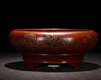 Round tripod bonsai pot retro old style hand-painted landscape calligraphy and painting Yixing purple sand flower pot exhibition bonsai pot