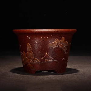 Round bonsai pot handmade clay painting landscape calligraphy sketch bonsai pot Yixing purple sand flower pot retro old style flower pot