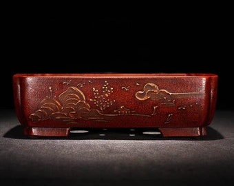 Rectangular bonsai pot Yixing purple sand flower pot retro mud painting old style flower pot green plant exhibition bonsai pot