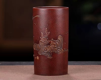 Runde hohe Bonsaischale alten Stil Blumentopf handgemachte Ton gemalte Landschaft Kalligraphie und Malerei Bonsaischale Yixing lila Sand Blumentopf