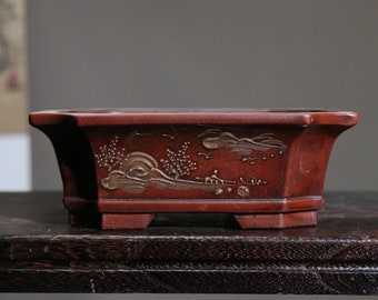 Yixing purple clay pottery handmade flower pot rectangular cut corner bonsai pot simple retro old style painting bonsai flower pot