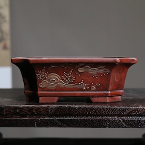 Yixing purple clay pottery handmade flower pot rectangular cut corner bonsai pot simple retro old style painting bonsai flower pot