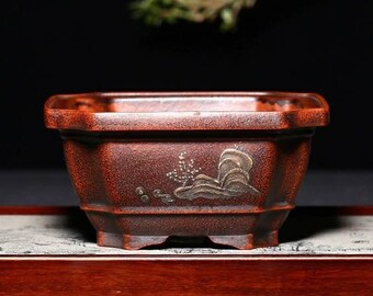 Square cut corner bonsai pot Yixing purple sand pottery retro old style small flower pot succulent planter home decoration potted plant pot