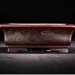 Rectangular bonsai pot Yixing purple sand flower pot retro mud painting old style flower pot green plant exhibition bonsai pot