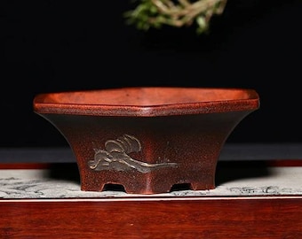 Pot à bonsaï hexagonal Yixing Zisha poterie rétro ancien style petit pot de fleur jardinière succulente décoration de la maison pot de plante en pot