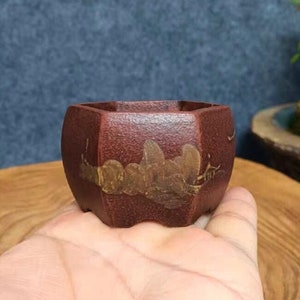 Six-square mini bonsai pot handmade clay painting retro landscape calligraphy and painting bonsai pot Yixing purple sand flower pot