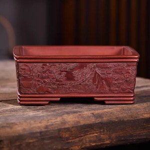 6.3-inch rectangular bonsai pot Chinese-style Yixing purple sand embossed landscape pattern flower pot retro old style bonsai pot