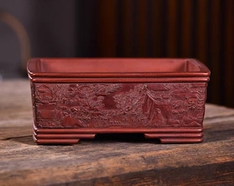 6.3-inch rectangular bonsai pot Chinese-style Yixing purple sand embossed landscape pattern flower pot retro old style bonsai pot