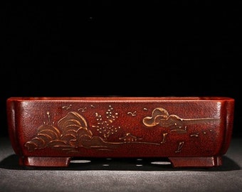 13.8 inch rectangular bonsai pot Yixing purple sand flower pot retro mud painting old style flower pot green plant exhibition bonsai pot