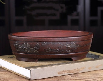 Oval bonsai pot Yixing purple sand flower pot retro mud painting old style flower pot green plant exhibition bonsai pot