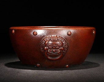 Round rivet animal head handmade bonsai pot Yixing purple sand flower pot retro old style flower pot green plant exhibition bonsai pot