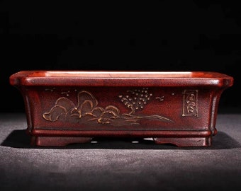 Rectangular corner bonsai pot Yixing purple sand flower pot handmade mud painting old style flower pot green plant exhibition bonsai pot