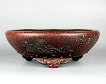 Round cloud feet ancient nails handmade clay painting retro bonsai pot China Yixing purple clay pottery pots home decoration potted pots