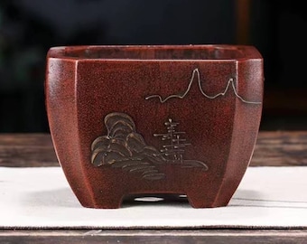 Handmade square corner bonsai pot Yixing purple sand pottery handmade flower pot painting retro old style flower pot succulent planter home