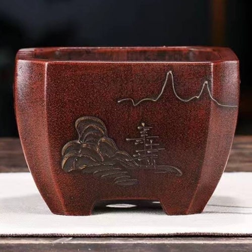 Handmade square corner bonsai pot Yixing purple sand pottery handmade flower pot painting retro old style flower pot succulent planter home