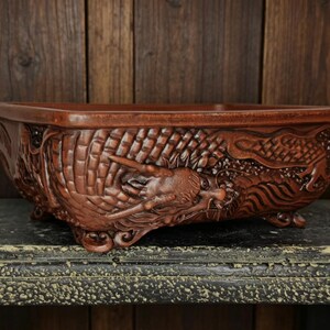 May include: A rectangular, reddish-brown ceramic planter with a detailed dragon relief design. The planter has a low profile, with a slightly raised rim and small feet. The dragon is carved on the sides of the planter.